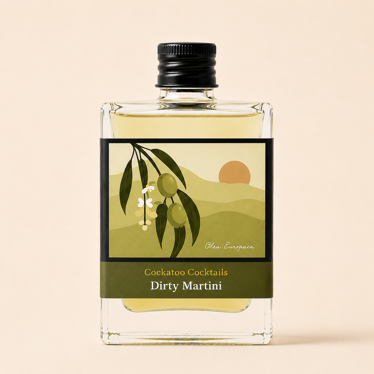 A clear glass bottle of 'Dirty Martini' Cockatoo Cocktails with a black cap and a green and beige label featuring an olive branch illustration, set against a solid beige background.