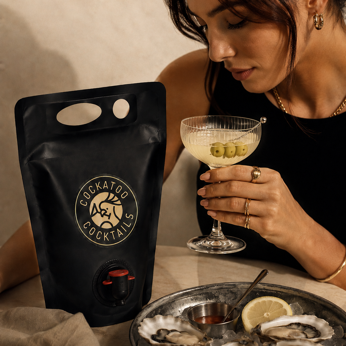 A black stand-up pouch with a visible spout and a circular Cockatoo Cocktails logo sits beside a woman holding a dirty martini cocktail glass on a table, with a platter of oysters on ice and a lemon wedge in front.