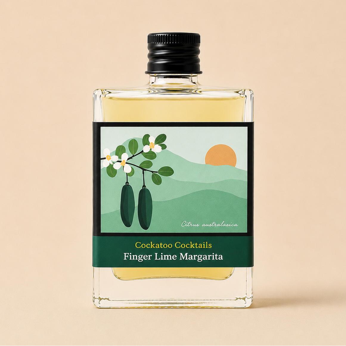 A clear glass bottle of Finger Lime Margarita cocktail by Cocktail Cocktails, featuring a black cap and a green label with an illustration of cucumber leaves and flowers, set against a solid beige background.