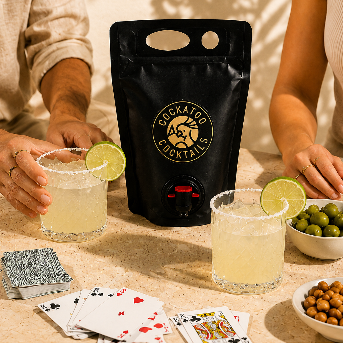 A black stand-up pouch of Cockatoo Cocktails with a gold logo and red spout, placed on a tabletop between two people holding margarita glasses with lime slices. 