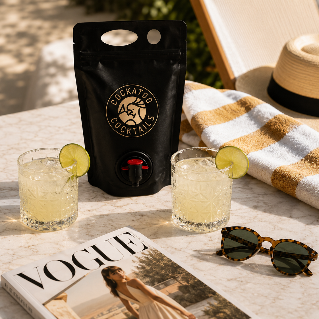 A black Cockerood Cocktails portable cocktail dispenser pouch stands on a marble table beside two Margarita cocktails with lime slices, a Vogue magazine, sunglasses, a straw hat, and a striped towel in a sunny outdoor setting.
