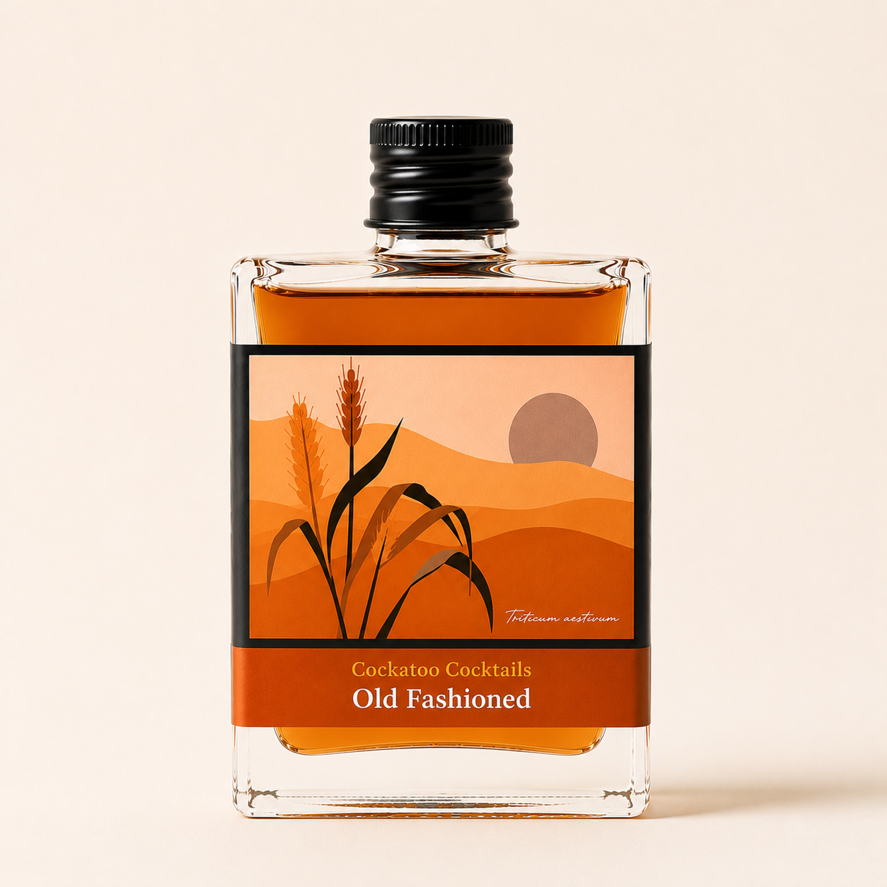 A square glass bottle of Old Fashioned cocktail made by Cockatoo Cocktails with a black screw cap and a stylized orange and beige label, set against a solid light beige background.