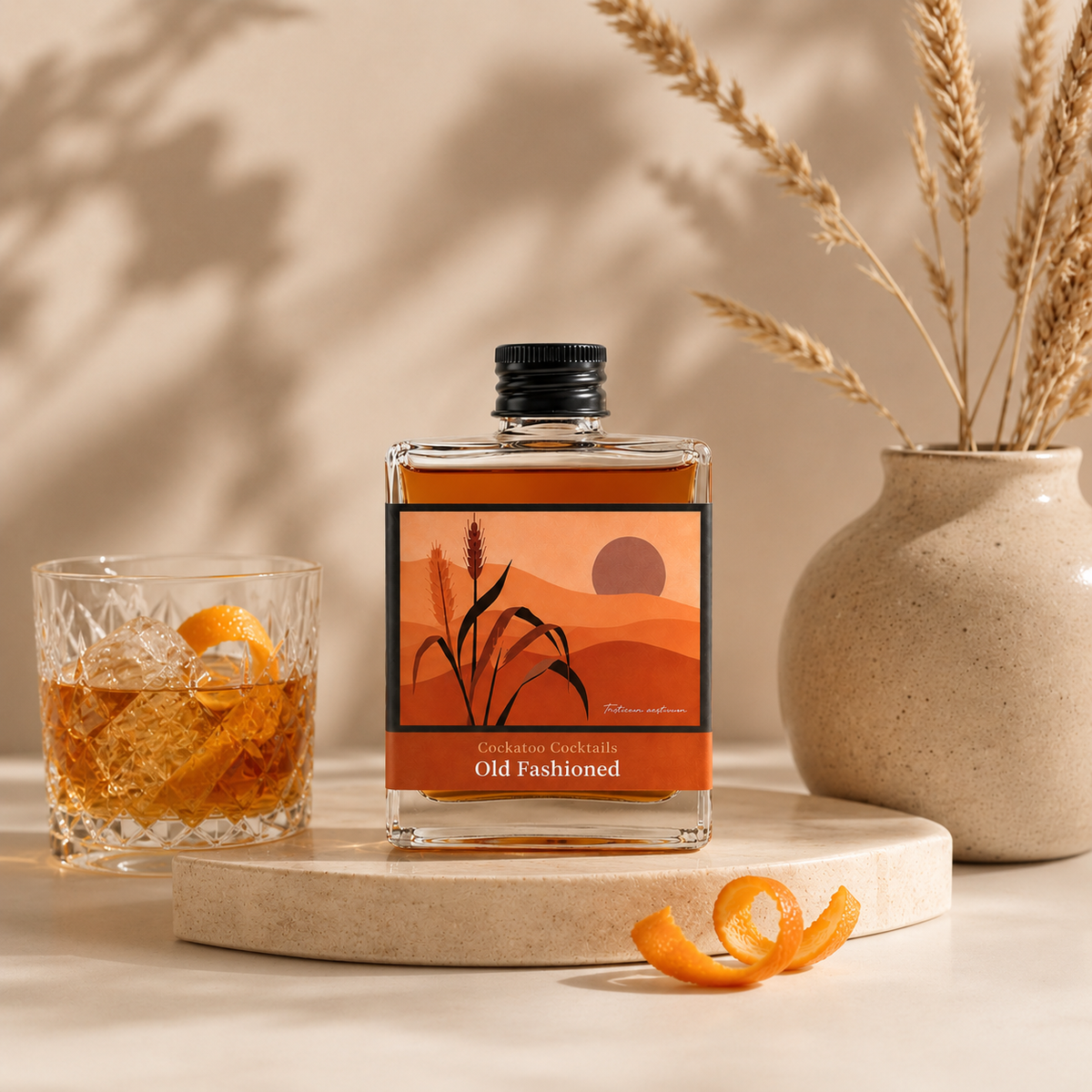 A bottle of 'Old Fashioned' cocktail sits on a round stone pedestal, styled with a glass of amber cocktail and orange peel in the foreground and dried wheat in a ceramic vase in the background.