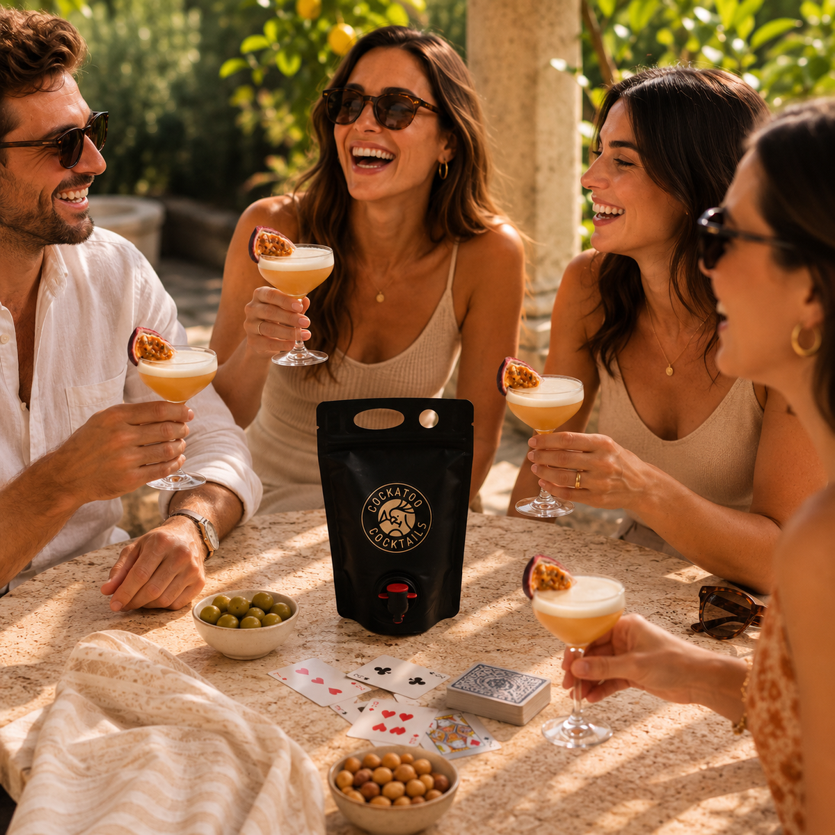 Four people laughing and toasting outdoors at a table with passionfruit martini cocktails. 