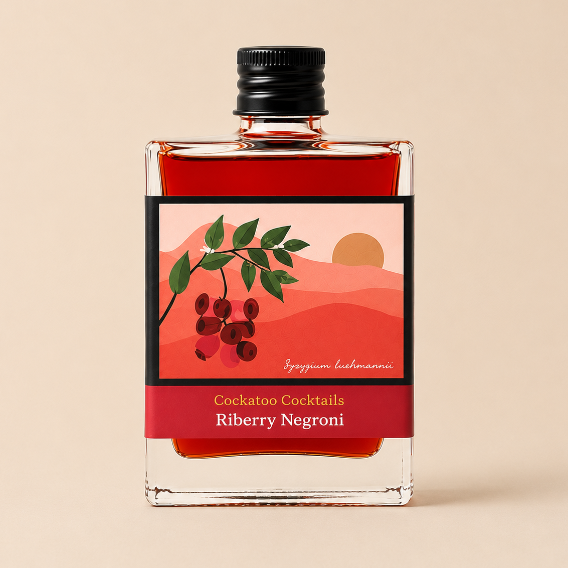 A square glass bottle of Cockatoo Cocktails Riberry Negroni with a black cap, filled with dark red liquid, set against a solid beige background. The label features an illustration of riberry berries and a sunset over red hills.