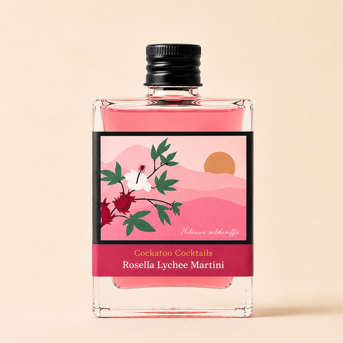A square glass bottle of Rosella Lychee Martini cocktail with pink liquid inside, a black screw cap, and a decorative label featuring pink mountains, green leaves, and red rosella, set against a solid beige background.