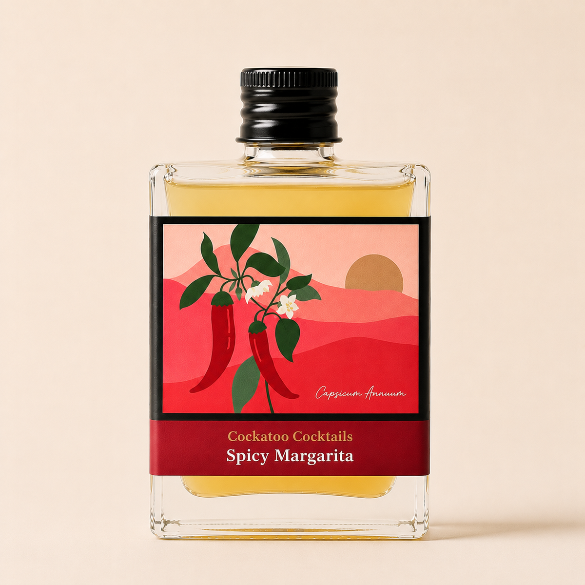 A clear glass bottle of Cockatoo Cocktails Spicy Margarita with a black cap and a colorful label featuring red chili peppers, green leaves, and a pink and red sunset background.
