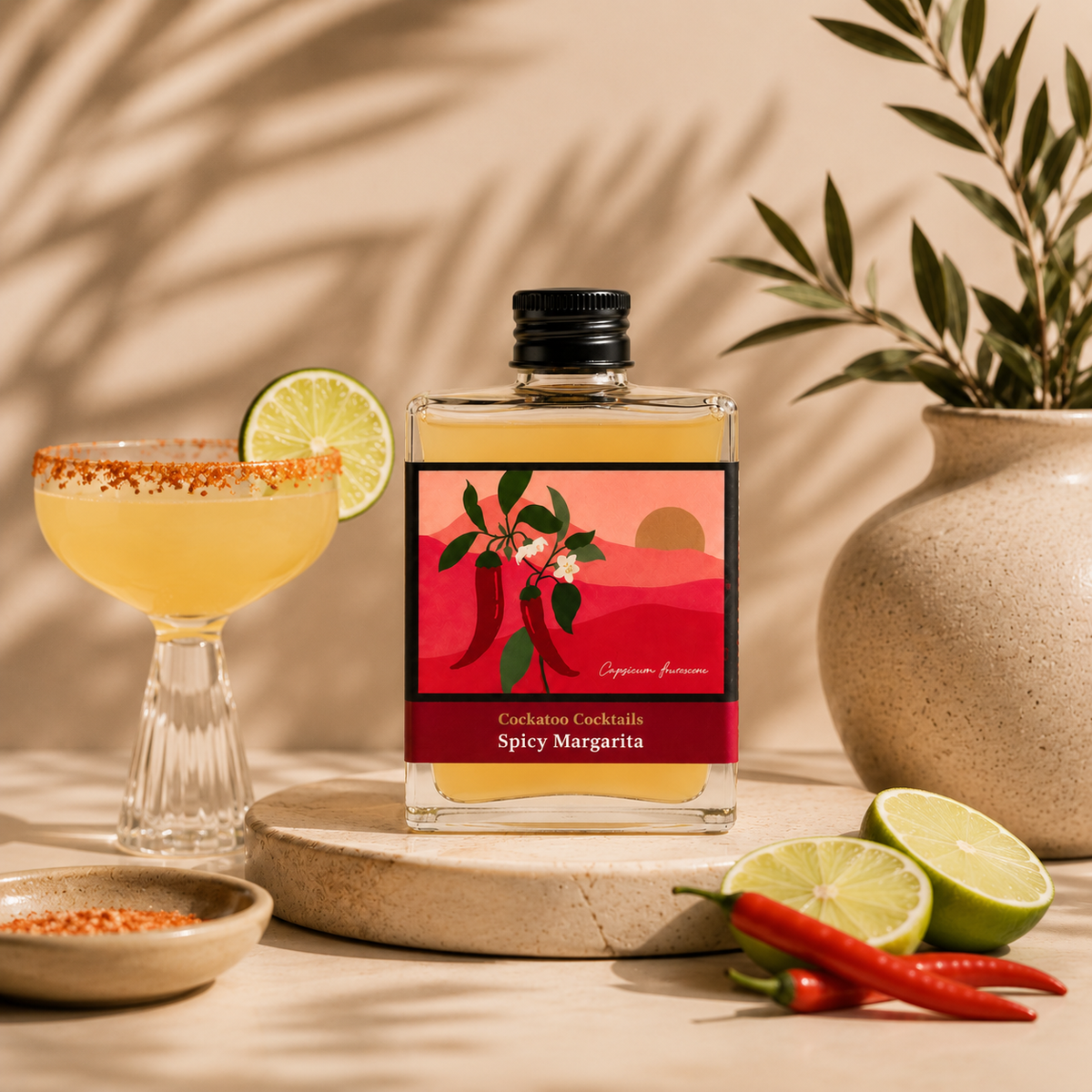 A bottle of 'Spicy Margarita' cocktail stands on a stone coaster next to a margarita glass rimmed with chili powder and lime, with red chili peppers and lime slices in the foreground against a warm beige background with leaf shadows.