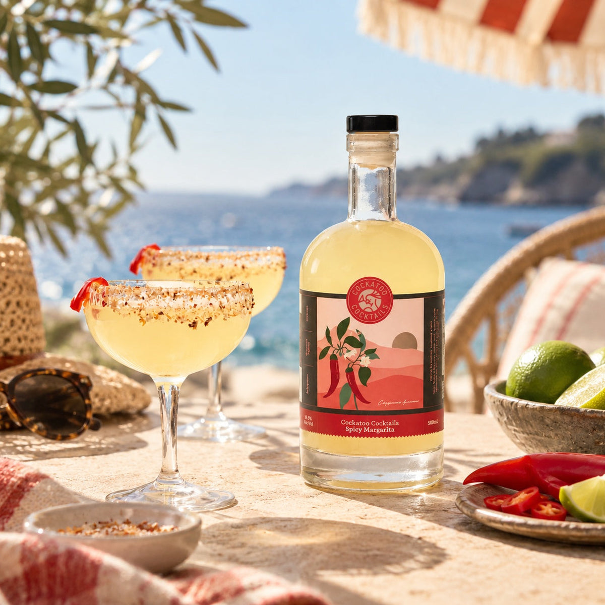 A bottle of Spicy Margarita Bottled Cocktail 500ml is displayed on a beach table next to two margarita glasses, with a beach and ocean background.