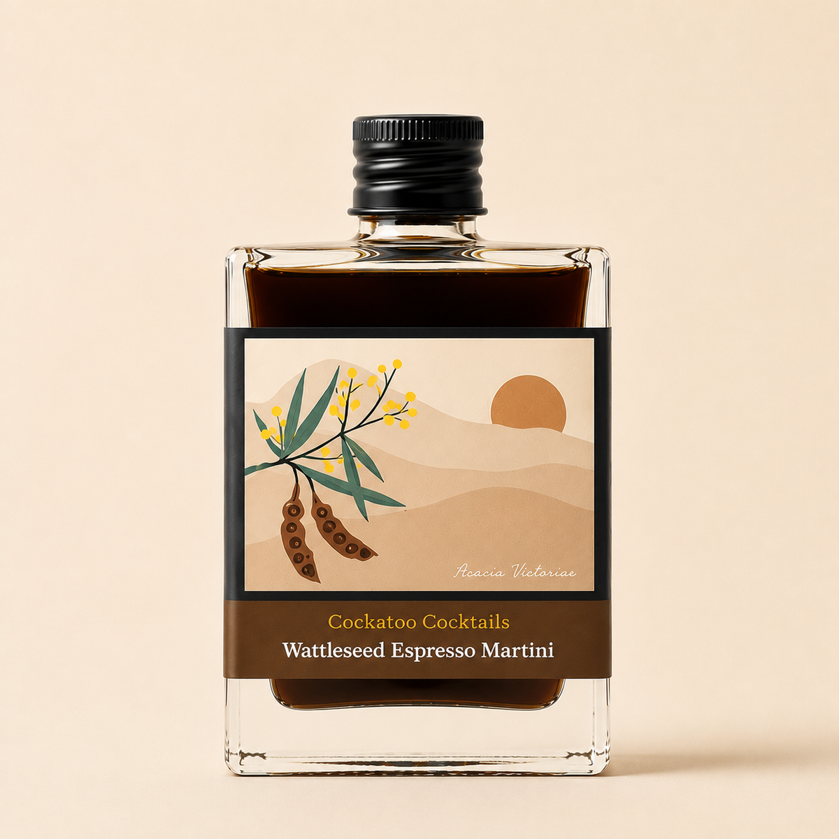 A square glass bottle of Cockatoo Cocktails 'Wattleseed Espresso Martini' filled with dark brown liquid, featuring a black cap and a beige label with a wattleflower illustration.